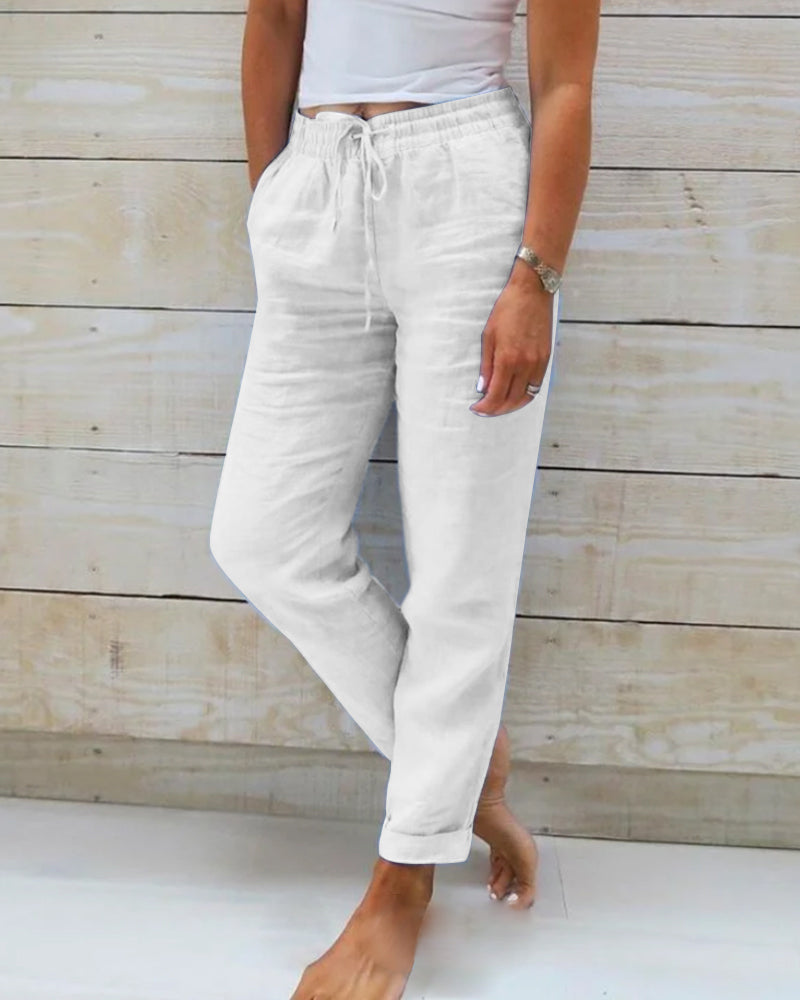 Pantalon décontracté droit en coton et lin respirant à taille élastique ; disponible en six couleurs.