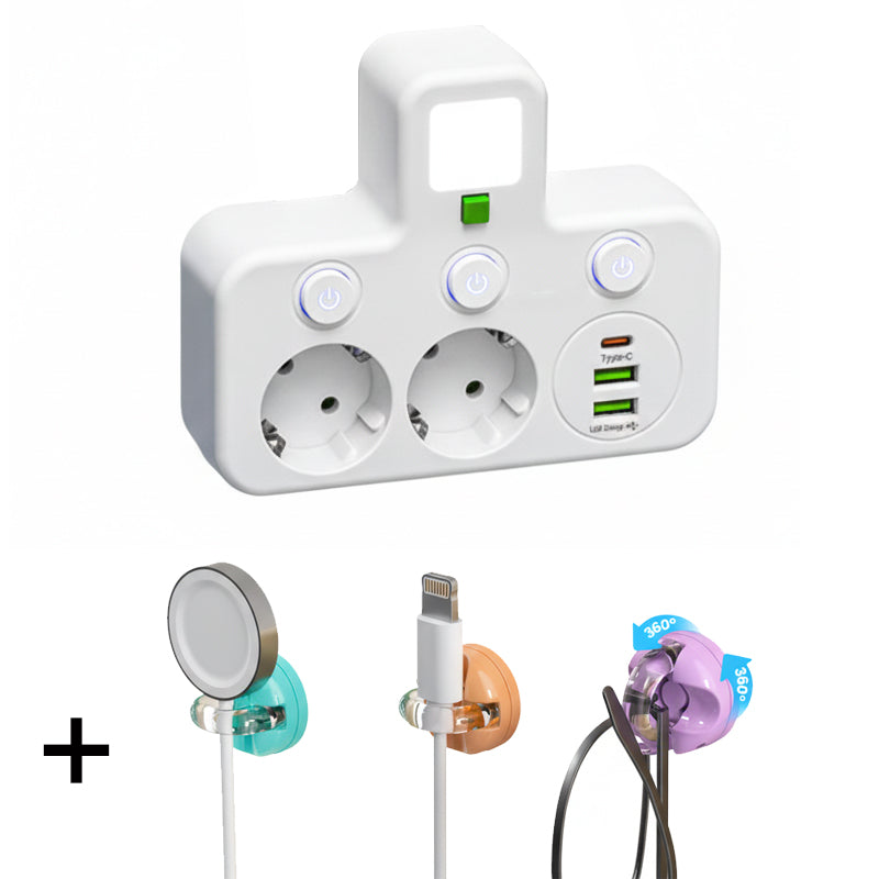 EU Power Strip with 4 Outlets, Multiport Wall Plug with Individual Switch and Small Adapter for Night Light