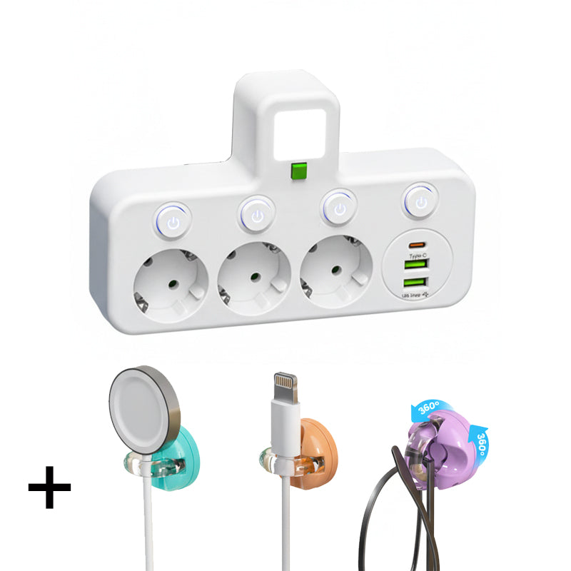 EU Power Strip with 4 Outlets, Multiport Wall Plug with Individual Switch and Small Adapter for Night Light