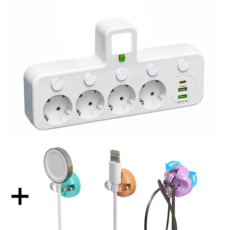 EU Power Strip with 4 Outlets, Multiport Wall Plug with Individual Switch and Small Adapter for Night Light