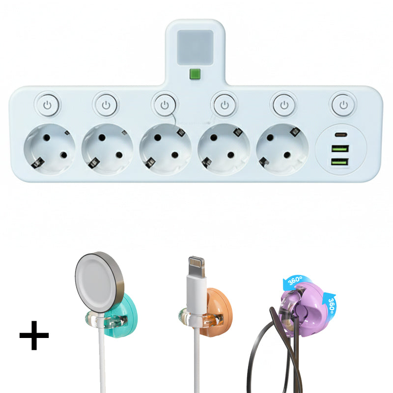 EU Power Strip with 4 Outlets, Multiport Wall Plug with Individual Switch and Small Adapter for Night Light