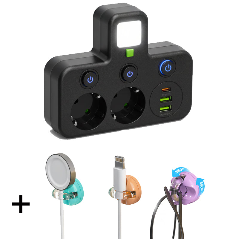EU Power Strip with 4 Outlets, Multiport Wall Plug with Individual Switch and Small Adapter for Night Light