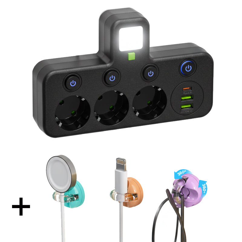 EU Power Strip with 4 Outlets, Multiport Wall Plug with Individual Switch and Small Adapter for Night Light