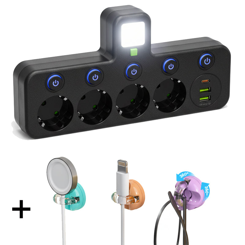 EU Power Strip with 4 Outlets, Multiport Wall Plug with Individual Switch and Small Adapter for Night Light