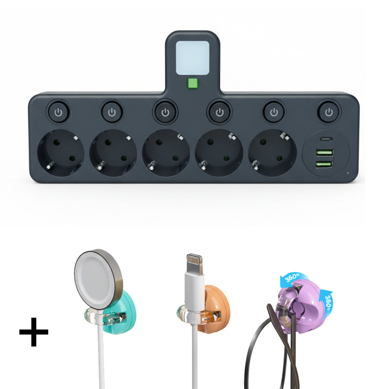 EU Power Strip with 4 Outlets, Multiport Wall Plug with Individual Switch and Small Adapter for Night Light