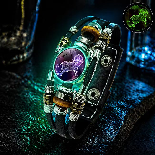 Bracelet en cuir luminescent avec signe du zodiaque pour homme et femme (17,5/20,5 cm)