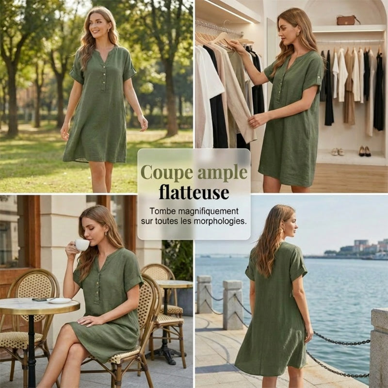 OFFRE LIMITÉE 50 % DE RÉDUCTION Robe Tunique Indispensable Col V avec Poches Mélange de coton doux, facile d'entretien, poches des deux côtés. Un basique de garde-robe pour le printemps, l'été et la superposition en automne.