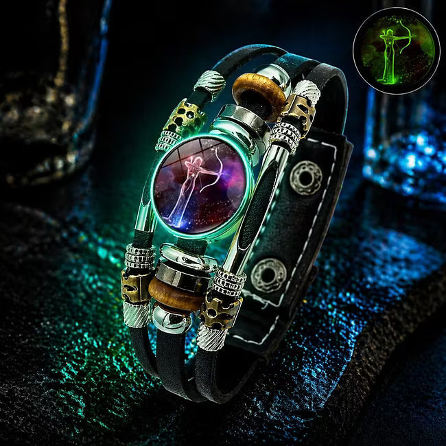 Bracelet en cuir luminescent avec signe du zodiaque pour homme et femme (17,5/20,5 cm)