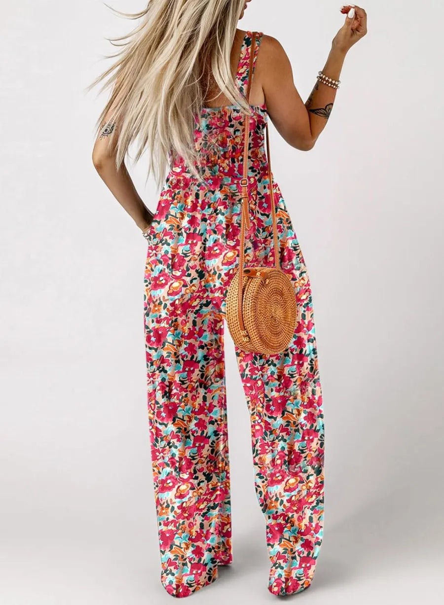 DE RDUCTION Combinaison sans manches pour femme, motif floral, poitrine smockée et jambes larges, chic et estivale.