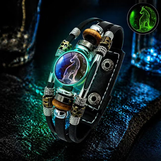 Bracelet en cuir luminescent avec signe du zodiaque pour homme et femme (17,5/20,5 cm)