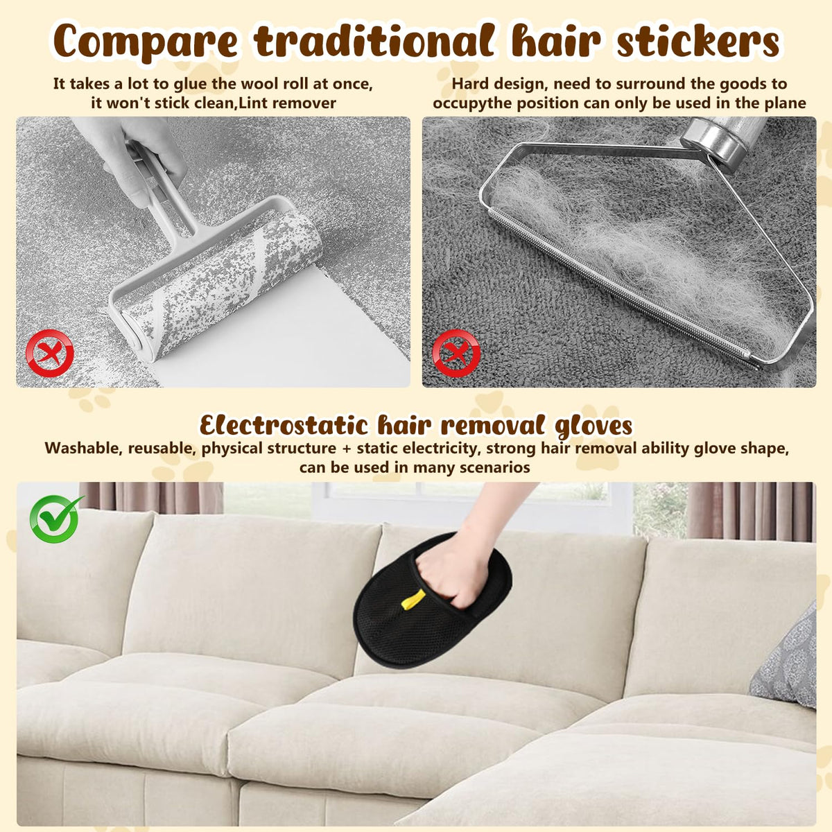 Antistatic gloves for pet hair removal