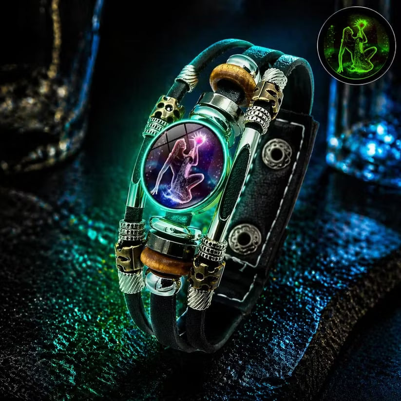 Bracelet en cuir luminescent avec signe du zodiaque pour homme et femme (17,5/20,5 cm)