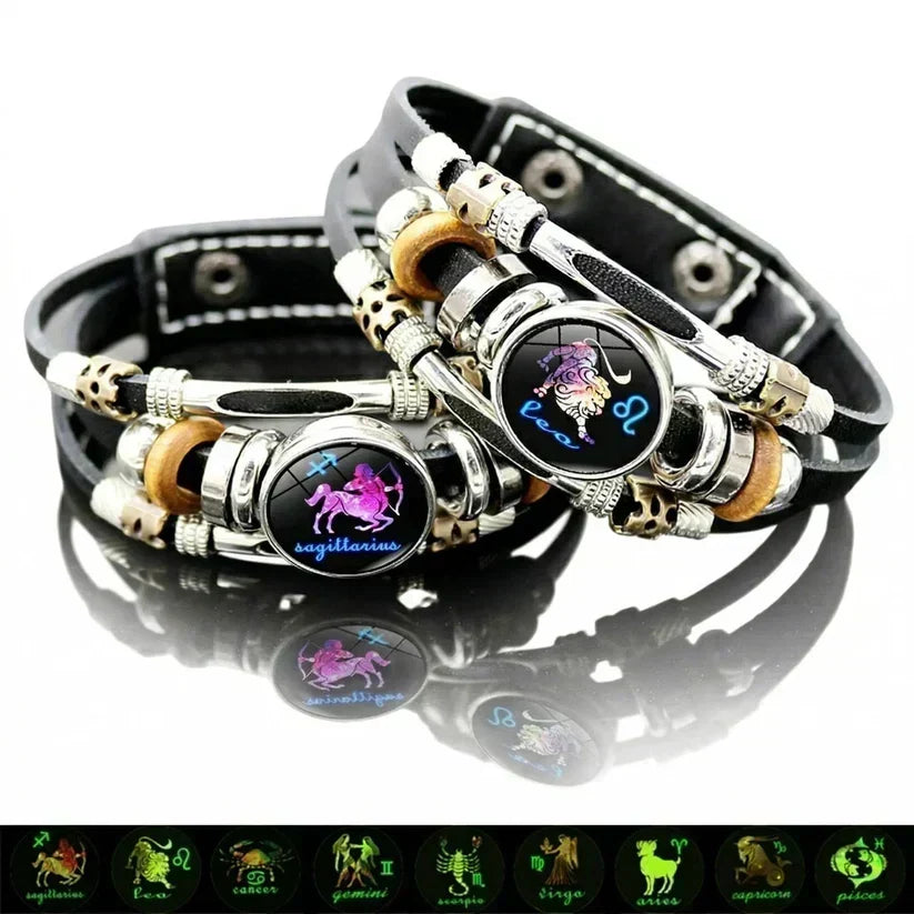 Bracelet en cuir luminescent avec signe du zodiaque pour homme et femme (17,5/20,5 cm)