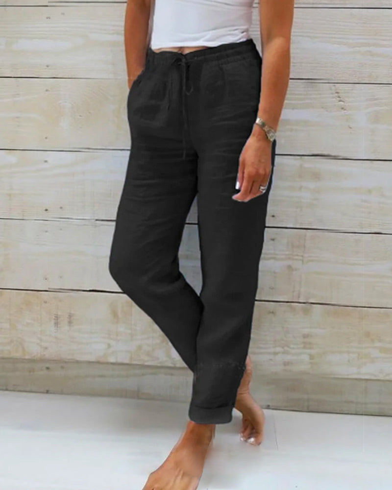 Pantalon décontracté droit en coton et lin respirant à taille élastique ; disponible en six couleurs.