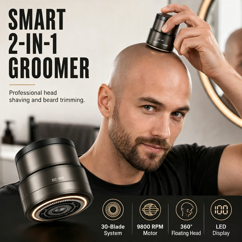 Tondeuse électrique 2-en-1 pour Crâne, Rasage et Barbe, 30 Lames de Précision, Confort Flottant à 360° & Affichage Digital.