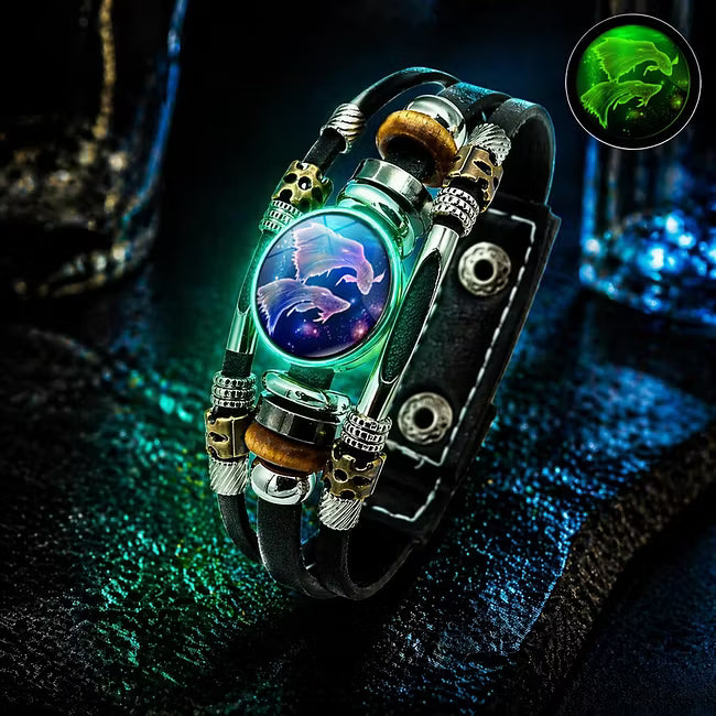 Bracelet en cuir luminescent avec signe du zodiaque pour homme et femme (17,5/20,5 cm)