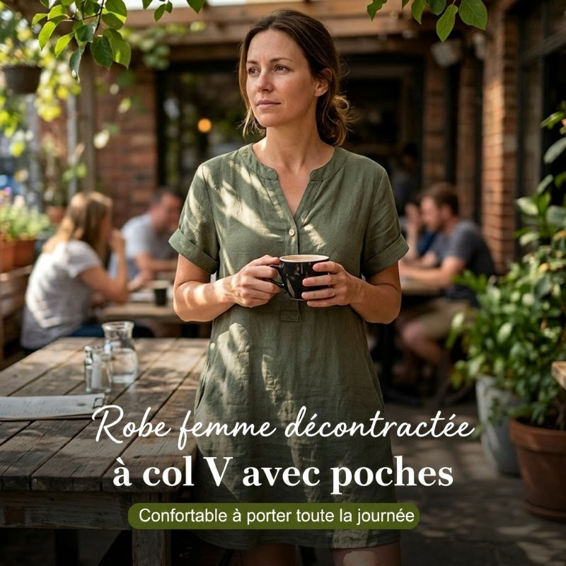 OFFRE LIMITÉE 50 % DE RÉDUCTION Robe Tunique Indispensable Col V avec Poches Mélange de coton doux, facile d'entretien, poches des deux côtés. Un basique de garde-robe pour le printemps, l'été et la superposition en automne.