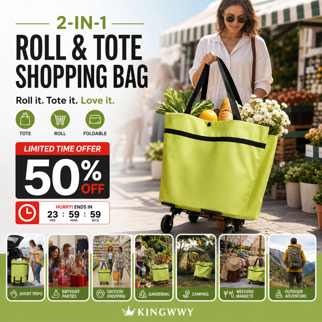 Sac de courses pliable 2-en-1 à roulettes avec roues style bagage