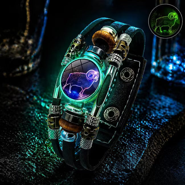 Bracelet en cuir luminescent avec signe du zodiaque pour homme et femme (17,5/20,5 cm)