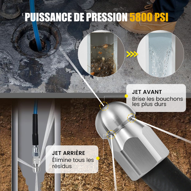 Kit de nettoyage haute pression 5800 PSI pour canalisations - Buse rotative et tuyau renforcé pour déboucher les égouts