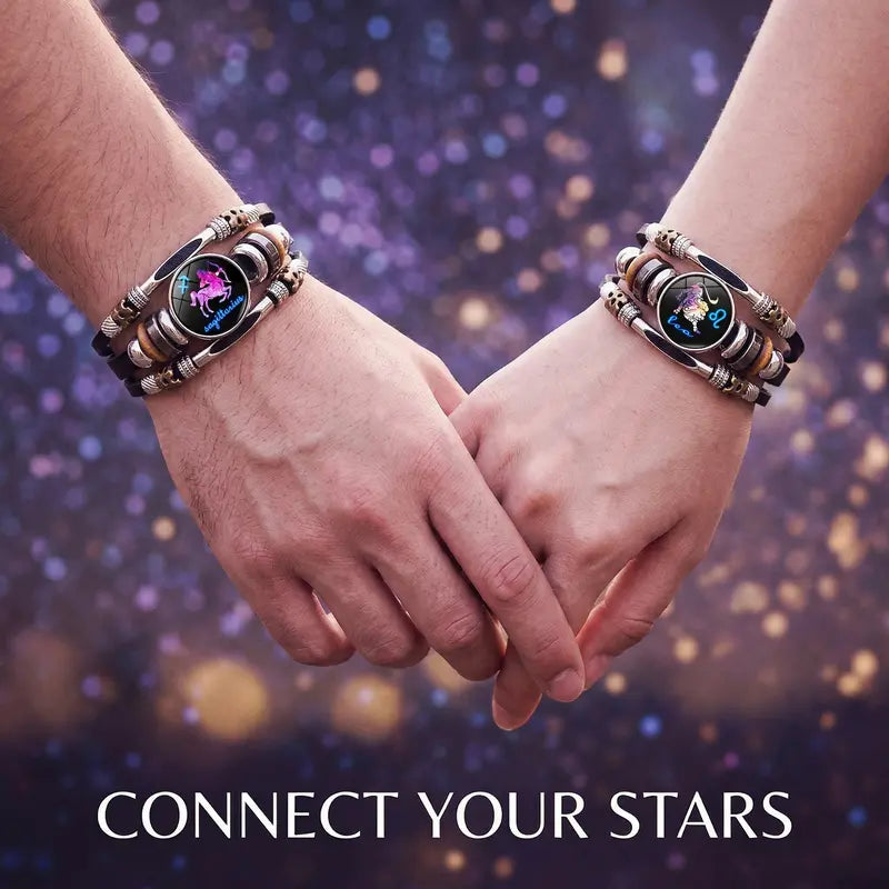 Bracelet en cuir luminescent avec signe du zodiaque pour homme et femme (17,5/20,5 cm)