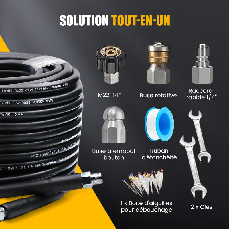 Kit de nettoyage haute pression 5800 PSI pour canalisations - Buse rotative et tuyau renforcé pour déboucher les égouts