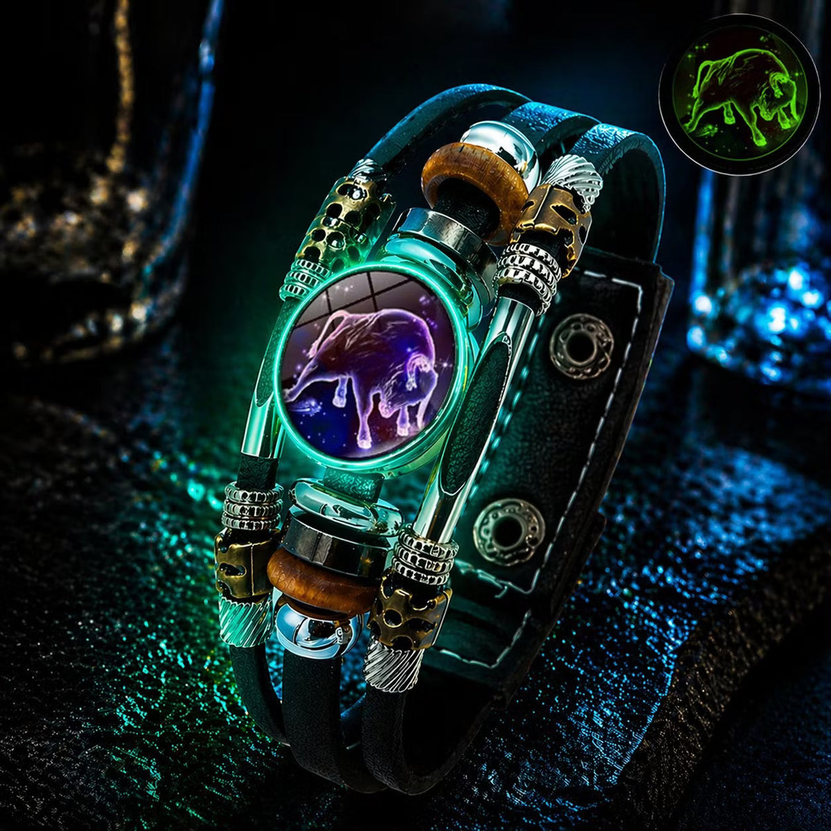 Bracelet en cuir luminescent avec signe du zodiaque pour homme et femme (17,5/20,5 cm)