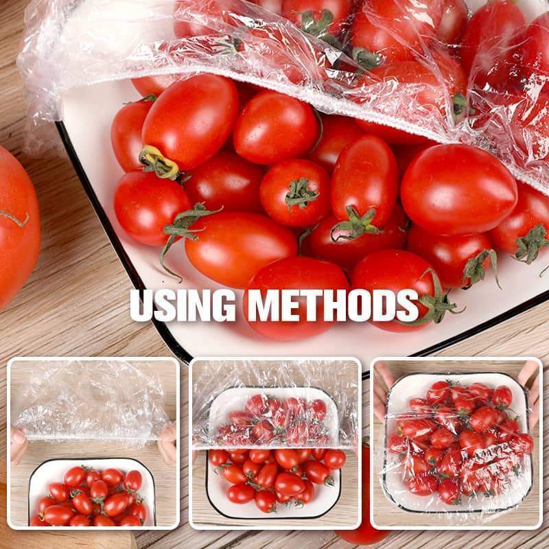 Lot of 100 disposable stretch films for bowls and plates, elastic lids for containers, alternative to cling film for storing leftovers, fruits, vegetables and food in the kitchen