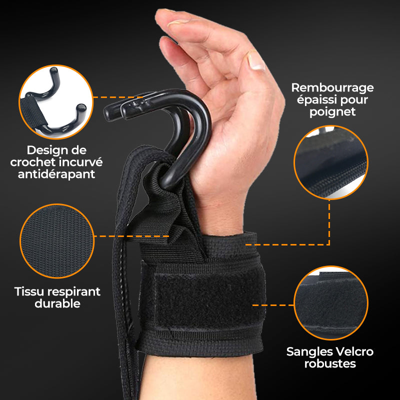 Sangles de Poignet Robustes pour Musculation, Crochets de Levage, Adhérence Ultrasécurisée, Confort Maximal et Soutien Musculaire Intensif