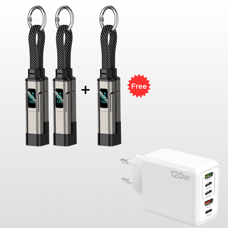 Special offer: Buy 2, get 1 FREE 4-in-1 charging cable with digital display and keychain fast charging, tangle-resistant and compact
