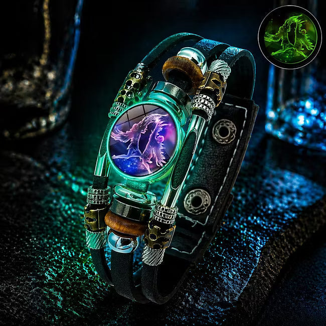 Bracelet en cuir luminescent avec signe du zodiaque pour homme et femme (17,5/20,5 cm)