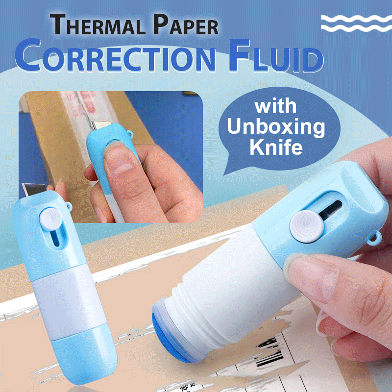 Thermal paper correction fluid with unboxing knife