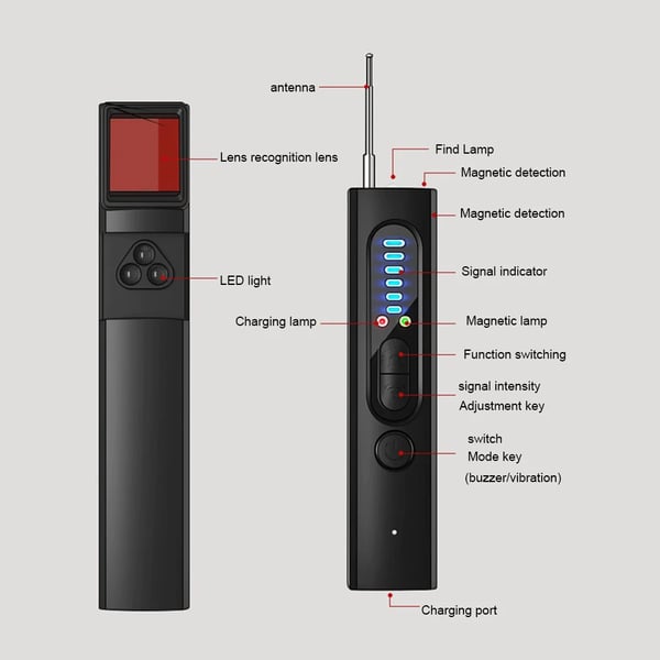 Détecteur de Caméras Espion RF, 6 Niveaux de Sensibilité, Portée 10m, Protection de la Vie Privée