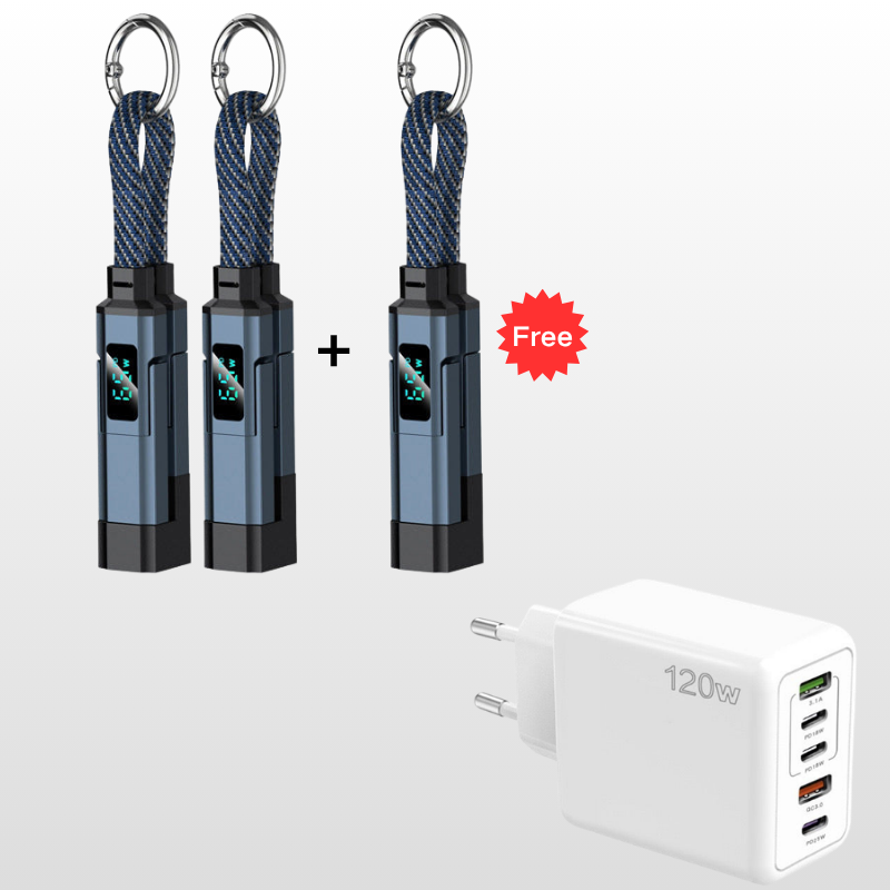 Special offer: Buy 2, get 1 FREE 4-in-1 charging cable with digital display and keychain fast charging, tangle-resistant and compact