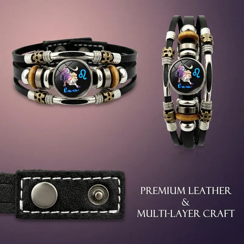 Bracelet en cuir luminescent avec signe du zodiaque pour homme et femme (17,5/20,5 cm)