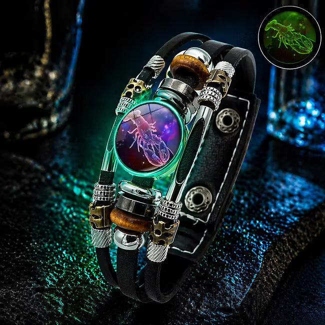 Bracelet en cuir luminescent avec signe du zodiaque pour homme et femme (17,5/20,5 cm)