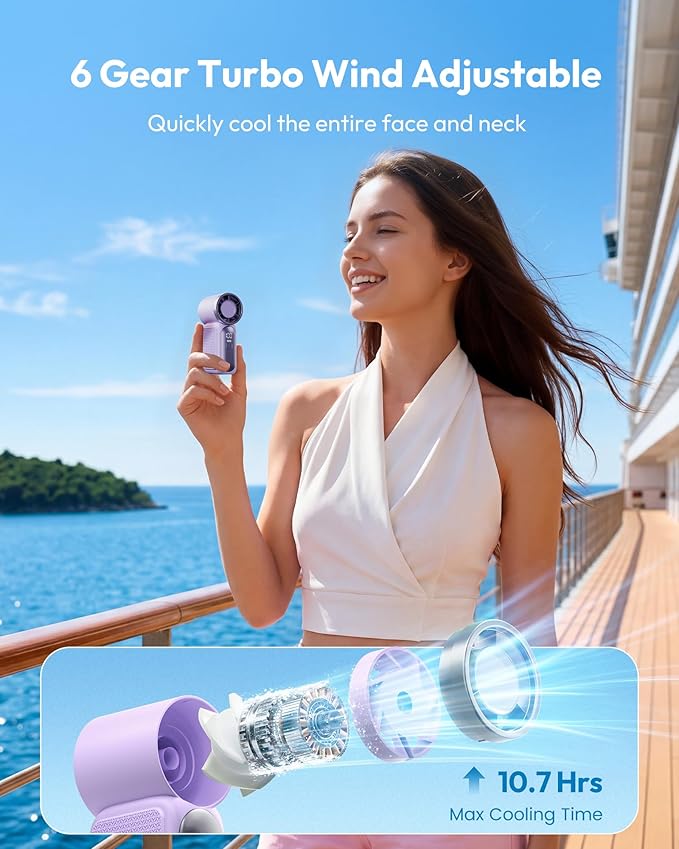 Mini ventilateur portable avec affichage LED, ventilateur de poche turbo 5 vitesses. Rechargeable par USB, refroidissement rapide, idéal pour les voyages et le maquillage. Cadeau parfait. Refroidissement portable.