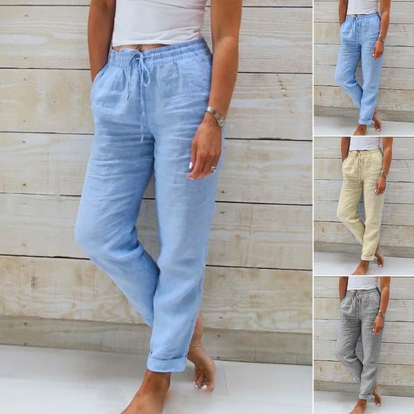 Pantalon décontracté droit en coton et lin respirant à taille élastique ; disponible en six couleurs.