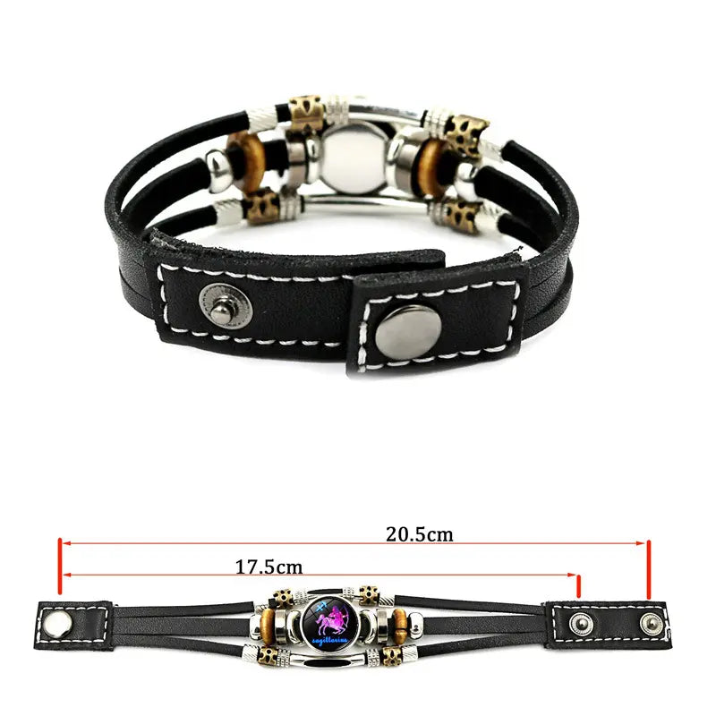 Bracelet en cuir luminescent avec signe du zodiaque pour homme et femme (17,5/20,5 cm)
