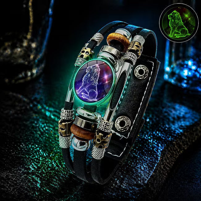 Bracelet en cuir luminescent avec signe du zodiaque pour homme et femme (17,5/20,5 cm)