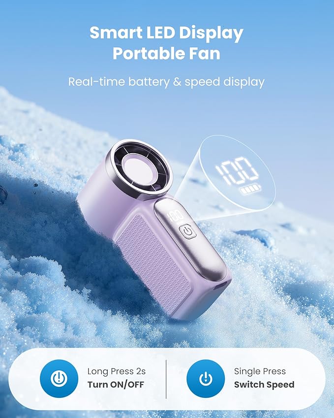Mini ventilateur portable avec affichage LED, ventilateur de poche turbo 5 vitesses. Rechargeable par USB, refroidissement rapide, idéal pour les voyages et le maquillage. Cadeau parfait. Refroidissement portable.