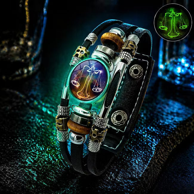 Bracelet en cuir luminescent avec signe du zodiaque pour homme et femme (17,5/20,5 cm)