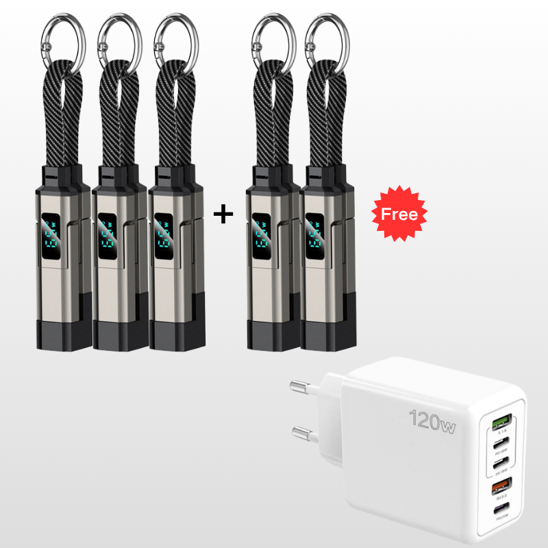 Special offer: Buy 2, get 1 FREE 4-in-1 charging cable with digital display and keychain fast charging, tangle-resistant and compact