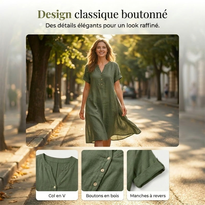OFFRE LIMITÉE 50 % DE RÉDUCTION Robe Tunique Indispensable Col V avec Poches Mélange de coton doux, facile d'entretien, poches des deux côtés. Un basique de garde-robe pour le printemps, l'été et la superposition en automne.
