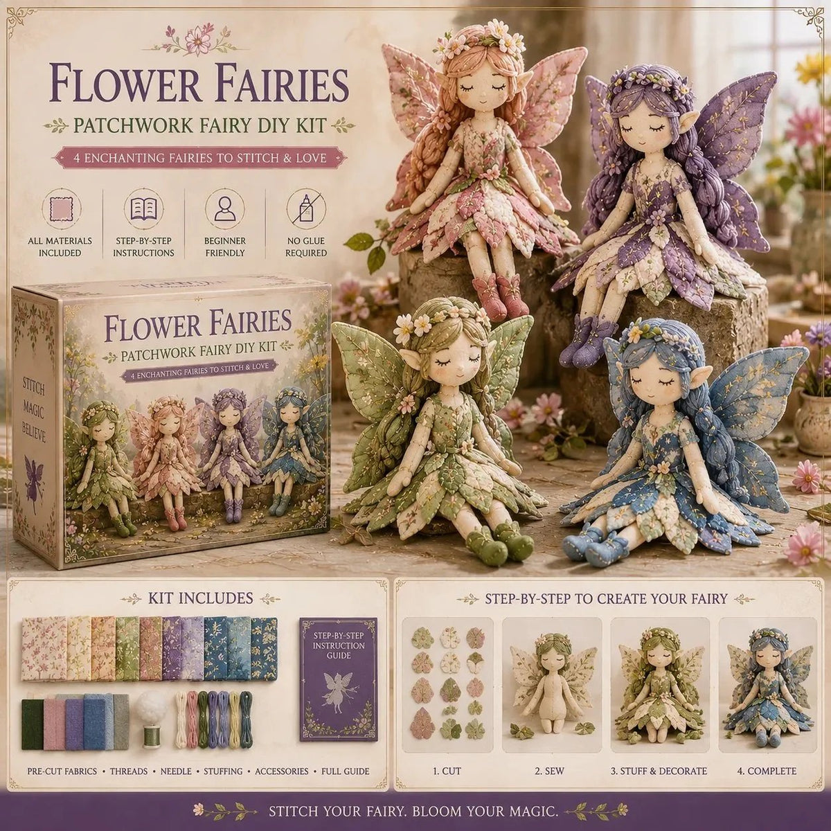 KIT DE RÉDUCTION Kit DIY de patchwork féérique 4 fées uniques, adapté aux débutants, cadeau parfait. Achetez-en 2, livraison gratuite.