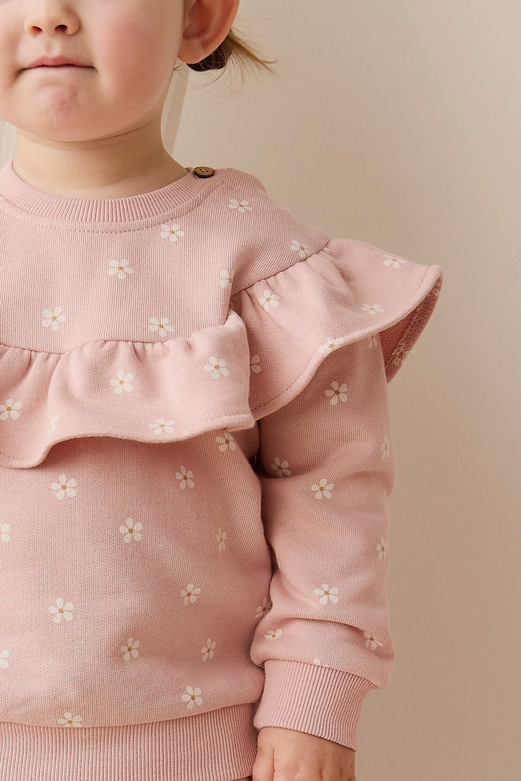 Sweatshirt en molleton de coton stretch imprimé floral rose et blanc avec col à volants et encolure boutonnée pour filles, tenue décontractée de tous les jours