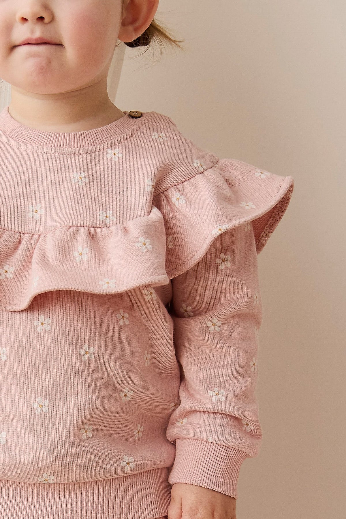 Sweatshirt en molleton de coton stretch imprimé floral rose et blanc avec col à volants et encolure boutonnée pour filles, tenue décontractée de tous les jours