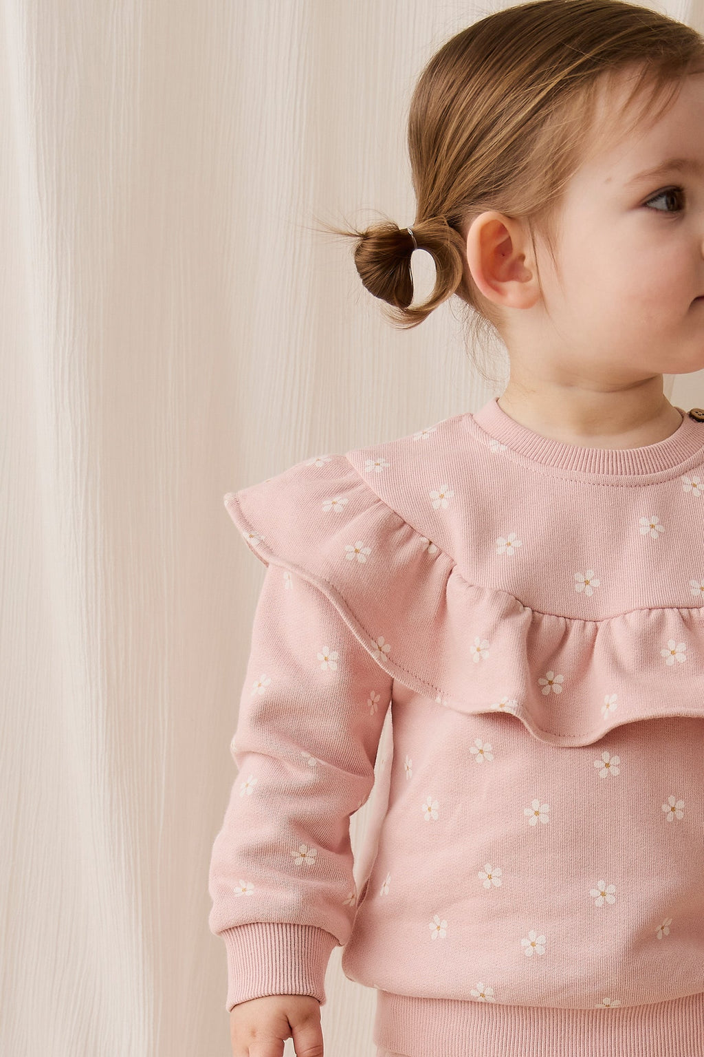 Sweatshirt en molleton de coton stretch imprimé floral rose et blanc avec col à volants et encolure boutonnée pour filles, tenue décontractée de tous les jours