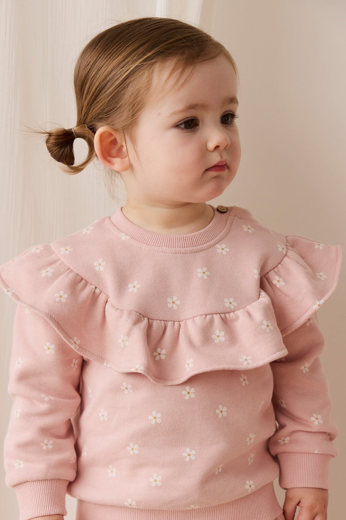 Sweatshirt en molleton de coton stretch imprimé floral rose et blanc avec col à volants et encolure boutonnée pour filles, tenue décontractée de tous les jours