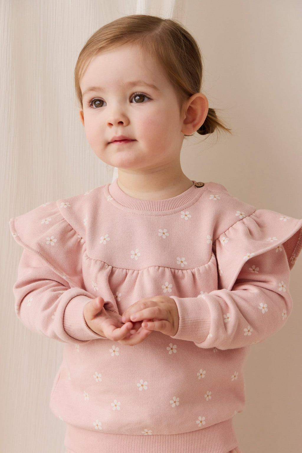 Sweatshirt en molleton de coton stretch imprimé floral rose et blanc avec col à volants et encolure boutonnée pour filles, tenue décontractée de tous les jours
